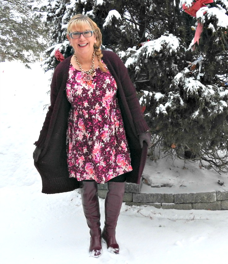 Old Navy burgundy floral dress with a long cardigan and OTK Boots